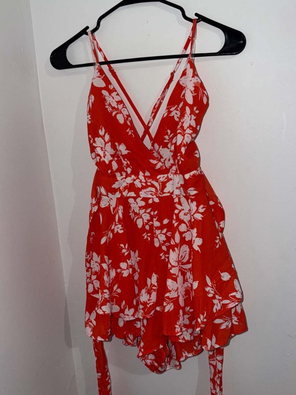 Floral Red Wrap Sundress with White Print